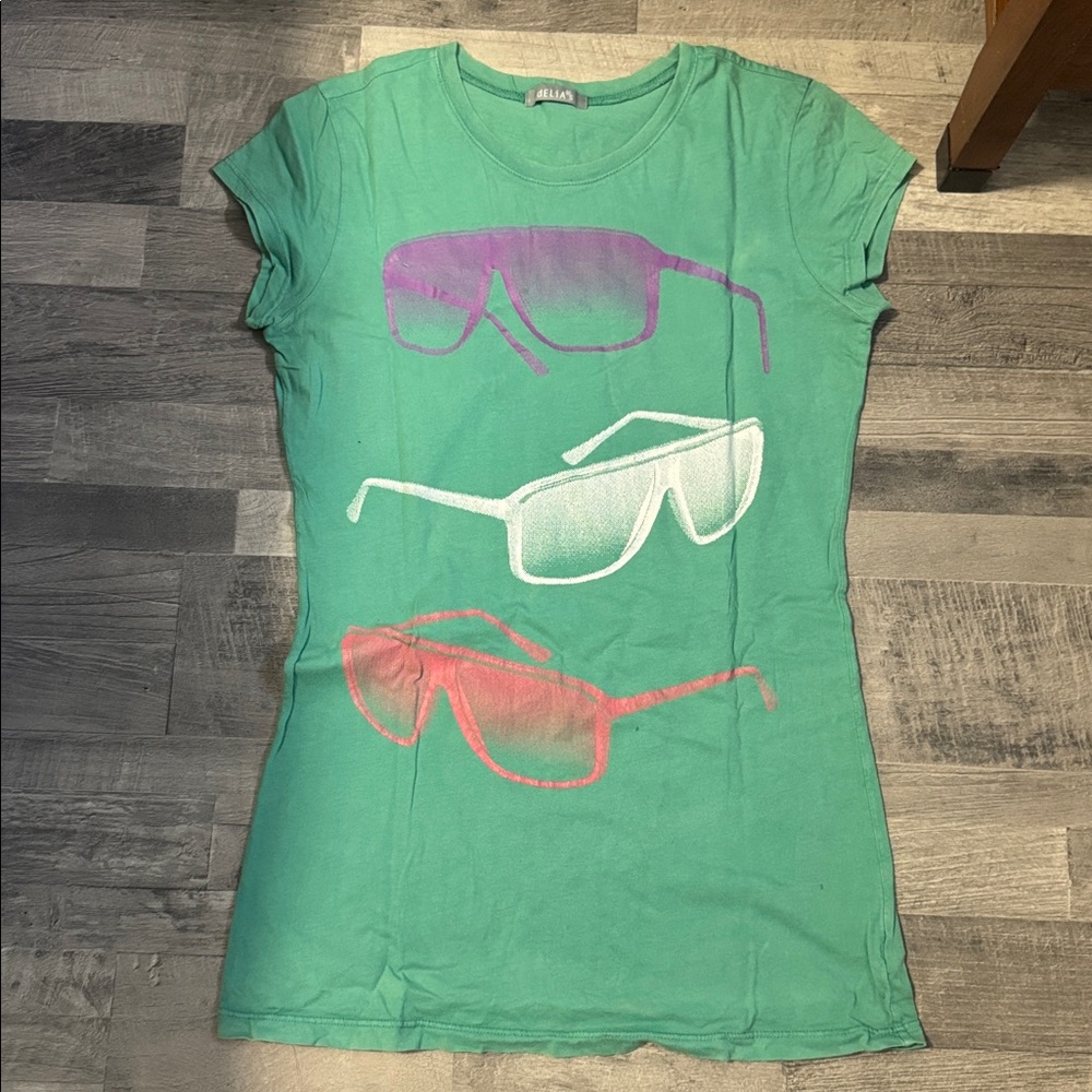 Green Graphic Tee with Sunglasses Print